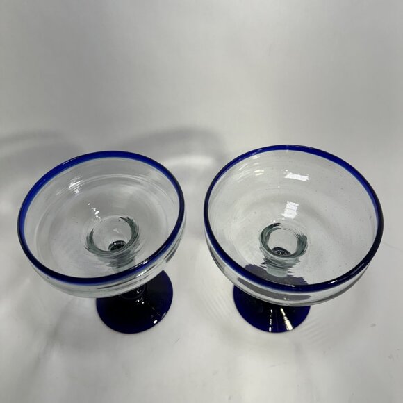 Margarita Glasses Cobalt Blue Rim Mexican Hand Blown Thick Glass Set of 2 #2 - Picture 2 of 8